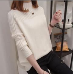 ホワイト ニット 長袖 リブ編みのサムネイル