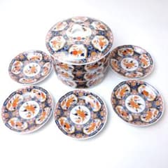 美濃焼 庫山窯 染錦花紋 三段重 お重 重箱 中鉢 古伊万里 小皿5枚