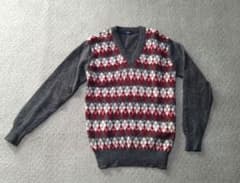 FUKUSUKE ダイヤモンド柄 Vネックセーター　グレー　ウール　メンズ　M