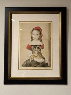 藤田嗣治『猫を抱く少女』限定67/300 額装版画 シルクスクリーン 本物保証 藤田嗣治 リトグラフ 額装 「 猫を抱く少女 」 レオナールフジタ