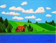 ☆ラベンダー畑と赤い屋根の家・肉筆油彩画・F6キャンバス - メルカリ