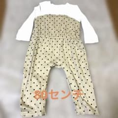 GU ベビー ロンパース 80cm ドット柄 重ね着風 長袖 ベージュ片側ボタンのサムネイル