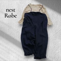 ネストローブ リネンフリル裾サロペットパンツ リボン ワイド ネイビー 