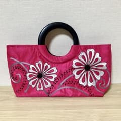 ベトナム刺繍　布製バッグ　ピンクのサムネイル