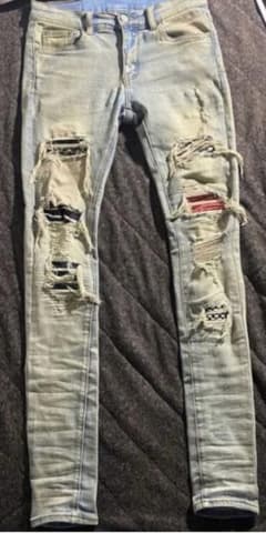 mnml ダメージデニムパンツ パッチワーク スリムフィットのサムネイル