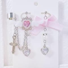 [434] Landmine Mass-Produced Angel Wing and Pink Heart Earrings/Ear Cuff
