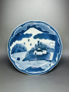 志田窯 富士山紋様 染付皿 古伊万里 江戸時代後期 ホツ直し 薄いニュウ
