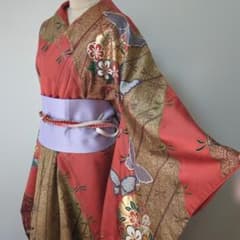 振袖 柿色　花柄 蝶柄　正絹　 165/65/25/31/107