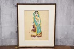 DIC41 真作保証 小川博史 インドの人形 肉筆 水彩画 額装 共シール DIC41 真作保証 小川博史 インドの人形 肉筆 水彩画 額装 共シール