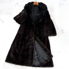 高級 着丈107cm ブラックミンク フォックス 襟 ロングコート 毛皮 鼬