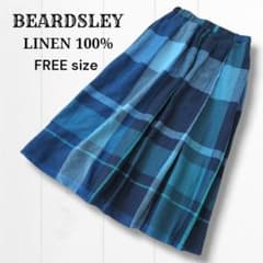 ビアズリー　リネンビッグチェックスカート　ネイビー　青　チェック柄　麻100% 人気☆BEARDSLEY ビアズリー リネンビッグチェックスカート ブルー系 F
