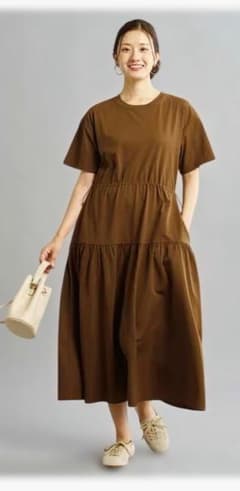 【美品】WORKMAN 異素材切替 ロングワンピース ブラウン Lのサムネイル