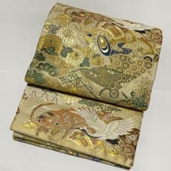 A5 アンティーク 鶴 花々 宝尽くし 金糸 正絹 全通 丸帯 フォーマル