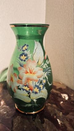 グリーン 花柄 ガラス 花瓶 金彩 ハンドペイントのサムネイル