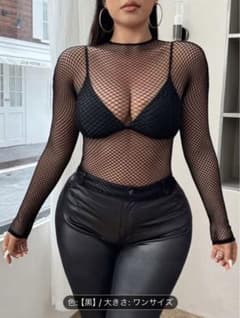 新品 透け感 メッシュ 長袖 ボディスーツ セクシーランジェリー 黒 網タイツ風のサムネイル