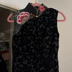 花柄刺繍 ベロア チャイナドレス ロング丈 ブラックのサムネイル