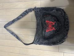 デニム ショルダーバッグ 蝶々刺繍 フリンジ ブラックのサムネイル