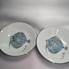 訳あり】寿陶苑 静峰 魚絵皿 深皿 2枚セット 昭和レトロ カレイ 23cm