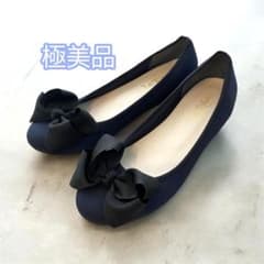 極美品 ルタロン リボン バレリーナ フラットシューズ 黒 ブラック