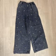 花柄刺繍 デニムパンツ ワイドパンツ