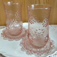 未使用☆アデリア☆ピコット☆ピンク☆ガラス☆コースター☆グラス☆2客☆昭和レトロのサムネイル