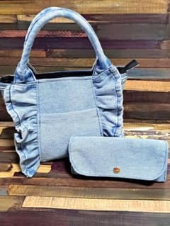 Handmade denim remake frill tote bag & wallet set