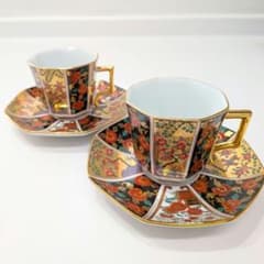 有田焼 古伊万里 青藍窯 金彩 金襴手 花鳥文 カップ・ソーサーセット