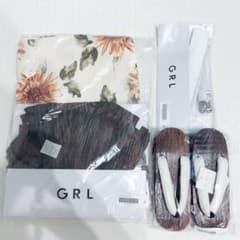 GRL 水彩ひまわり浴衣セット 浴衣着付け小物4点セット 花柄レース下駄