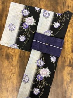 浴衣 単品 黒 グレー 紫 牡丹柄 シック 大人っぽい - メルカリ