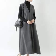 Honnete オネット サージクロス ノースリーブ Vネック ワイド ドレス 