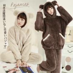 くま耳 フード付き もこもこ パジャマ 上下セットのサムネイル