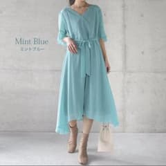 シフォンワンピース/パーティードレス/水色/ミントブルー/膝丈/結婚式のサムネイル