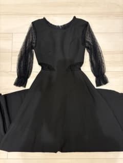 ブラック ドット柄 シースルー袖 ロングワンピース ドレスのサムネイル
