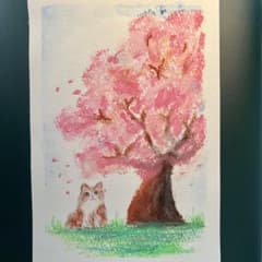 【原画：ハガキサイズ】　満月と満開の桜　オイルパステル画 猫の絵 桜 原画 ハガキサイズ - メルカリ