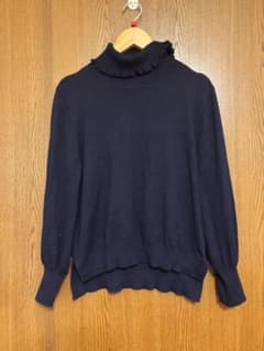 ネイビー フリルネック 長袖ニット Lのサムネイル