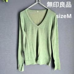 無印良品【M】薄手　ニット　セーター　Vネック　シルク　コットン　グリーン