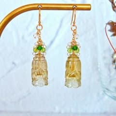 レモンクォーツ✧︎マザオブパール フラワーカービングピアス 高品質✨レモンクォーツ ベルフラワーカービング ピアス Lサイズ 14kgf