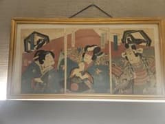 守川周重 浮世絵木版画 役者絵 三枚続き 豊原国周門下　明治期　額装 守川周重 浮世絵木版画 役者絵 三枚続き 豊原国周門下 明治期 額装