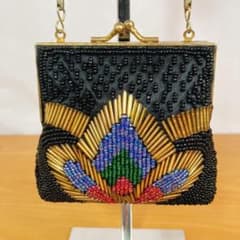 Beaded bag, black, metal chain, handbag, retro, formal.