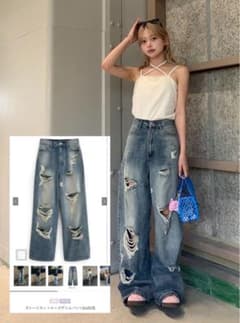 ダメージ加工 ワイドレッグデニムパンツのサムネイル