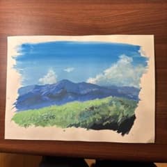 ポスターカラー　イラスト　背景　山と野原のサムネイル