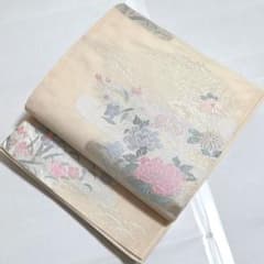 C◇着物くつろぎ 美品 夏物 霞に花 銀糸 菊 六通 正絹 薄物 絽 紗 袋帯