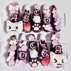 地雷系 量産 推し活 サブカル ゴテゴテ ネコ ネイルチップ 黒＆ピンク