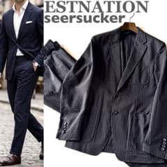 美品 ESTNATION ジャージシアサッカー セットアップスーツ ネイビー L 美品 ESTNATION ジャージシアサッカー セットアップスーツ ネイビー L