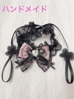 猫 首輪 ハンドメイド リボン レース ピンク 黒のサムネイル