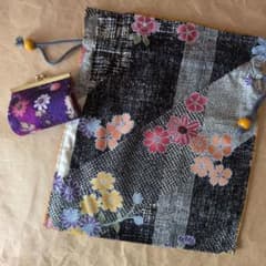和柄 がま口ポーチ 巾着 セット パープル 花柄