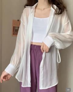 SHEIN ドロップショルダー　リボン結び　オーバーサイズ　シアーシャツのサムネイル
