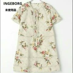 INGEBORG　ワンピース　花柄　チュニック　リネン混　ピコフリル　リボン　L INGEBORG ワンピース 花柄 チュニック リネン混 ピコフリル リボン L