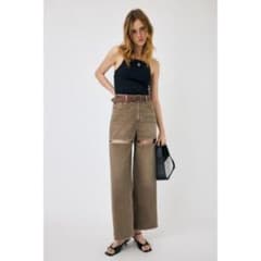 MOUSSY カットオフ ワイドデニムパンツ ブラウン 0サイズ