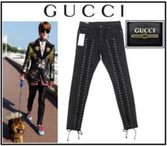 新品 超高級 GUCCI グッチ ブラックレースアップストレッチデニムジーンズ㈱ケリング 新品 超高級 GUCCI グッチ ブラックレースアップストレッチデニム